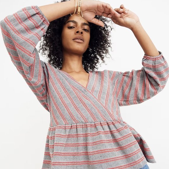 MADEWELL Striped Bubble-Sleeve Peplum Top Gray Red {G14} - Picture 1 of 7